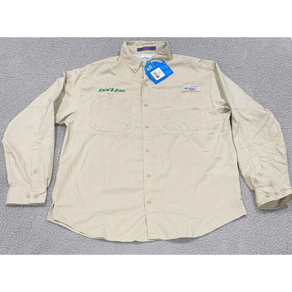 Columbia PFG Tamiami II Shirt Mens Large Beige Rain Bird Fishing UPF 40